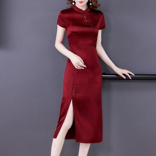 2021 Chinese Style Vintage Red Silk Satin Midi Dress Summer Casual Solid 4XL Plus Size Dress Women Elegant Bodycon Party Vestido