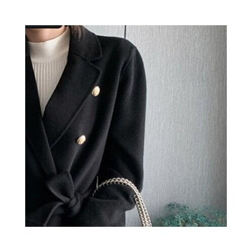 Womens Wool Coat Black Double Breasted Long Sleeve Loose Sashes Lace-up Jacket with Pockets for Office Lady