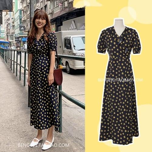 2021 summer vintage floral printed dress women puff sleeve v-neck slim a-line dress