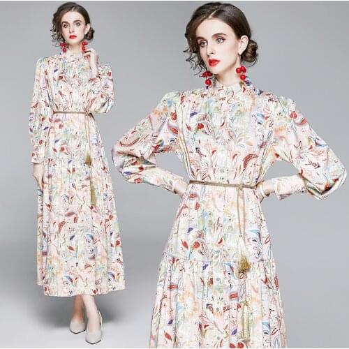 ZUOMAN Women Autumn Vintage Print Dress Festa High Quality Long Maxi Elegant Party Robe Femme Designer Lantern Sleeve Vestidos