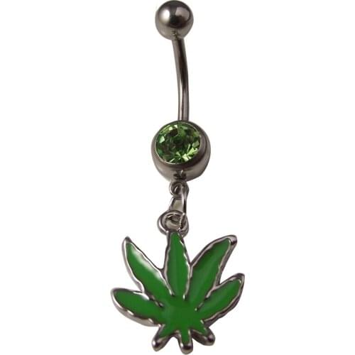 1 Piece Crystal Green Maple Leaf Navel Ring Stainless Steel Banana Belly Button Rings Barbell Leaves body piercing jewelry