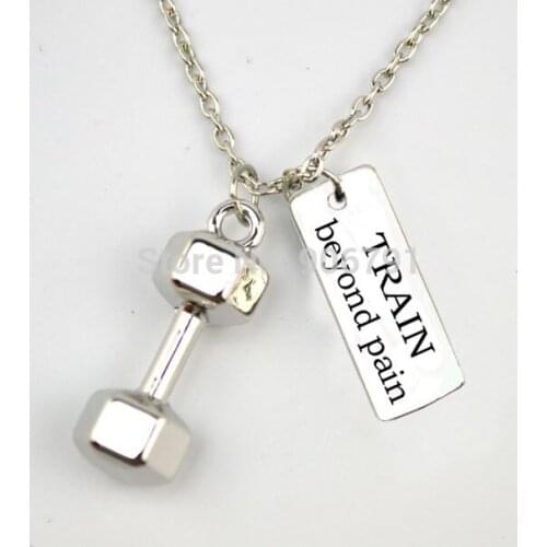 10pcs a lot sport dumbbell and rectangular TRAIN beyond pain charms Necklace,Fitness Weightlifting Gym necklace