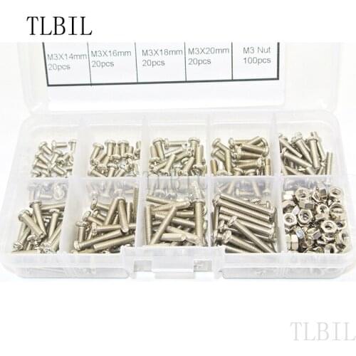 280pcs/set M3 Button Head Hex Socket Screw Bolt Nut Stainless Steel M3 Screws Nuts Assortment Kit Fastener Hardware