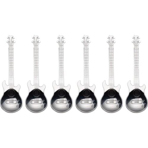 Guitar Coffee Spoons 6-Pack Creative Cute Spoons Stainless Steel Teaspoons Stirring Spoon Guitar Shaped(Silver)