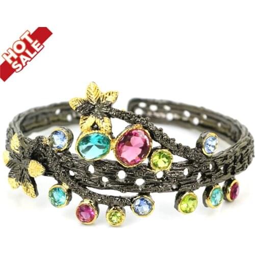 68x37mm Vintage Multi Colol 45g Created Blood Ruby Blue Topaz Aquamarine Black Gold Silver Cuff Bangle Bracelet 7.5"