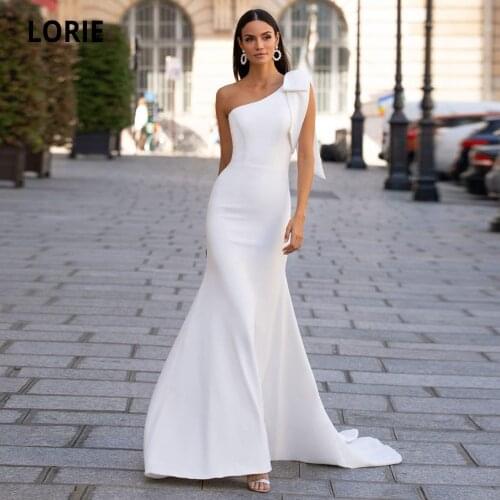 LORIE Satin Mermaid Wedding Dresses Sexy One Shoulder Sleeveless Bridal Gown White/Ivory Beach Wedding Party Gown with Bow 2020