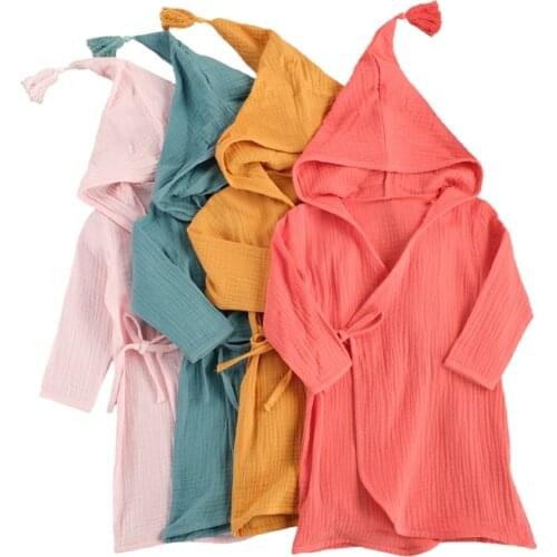 1-5Y Children’s Long-sleeved Bubble Cotton Bath Robe Solid Color Lace Hooded Bathrobe Toddler Home Bathing Suits