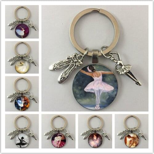 Pop ballet dancer silhouette keychain dancers favorite round glass pendant keychain accessory