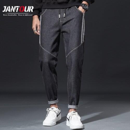 Jantour Patchwork Jeans 2020 Fashion Streetwear Men Black Jeans Autumn Winter Hip Hop Style Drawstring Harem Pants Erkek Giyim