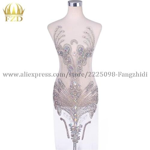 FZD 1 Piece Bodice applique Dress AB Rhinestones Craft Patch For Wedding Party Dress Decoration Trimming Fabric DIY Fabric Panel