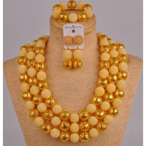 24 inches gold african necklace costume jewelry set beige simulated pearl nigerian wedding jewelry sets FZZ67