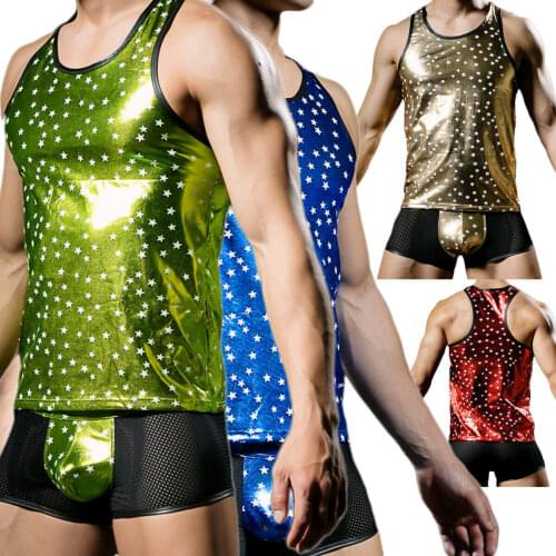 Faux Leather Shiny Star Men Underwear WetLook Sleeveless T-shirts Tank Tops Men Vest Boxer Trunk Shorts Men Undershirt Clubwear