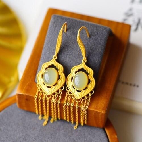 Natural Hetian jade Jasper geometric Tassel Earrings Chinese style retro unique ancient gold craft charm female silver jewelry