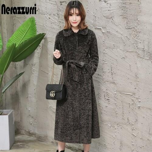 Nerazzurri Winter long faux fur coat women long sleeve turn-down collar plus size fake karakul fur coat with belt 5xl 6xl 7xl