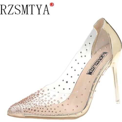 2021 New Gold Silver PVC Transparent Crystal Diamond Pumps Sandals Perspex Heel Pointed Toe Crystal Silver Wedding Pumps