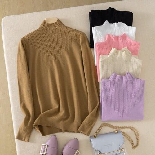 2020 autumn new Mock neck soft sweater knitted womens solid color warm loose pullover women Korean sweaters pullovers Full