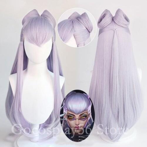 NEW KDA Evelynn Wig Buns LoL Cosplay Light Purple Synthetic Hair 80cm Long Straight Wig Women Agonys Embrace Evelynn Cosplay