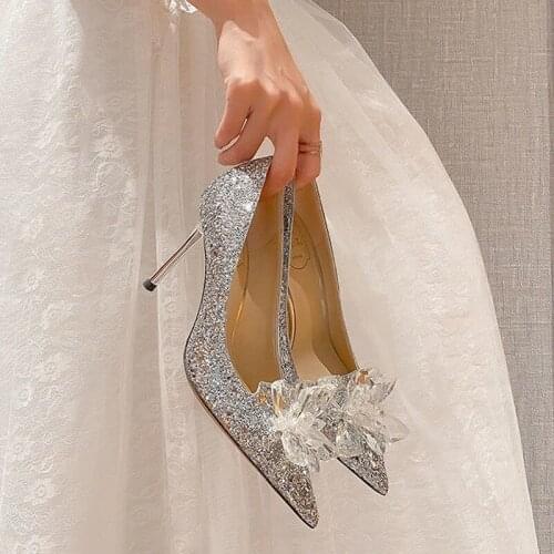 Dress wedding pointed crystal bridal shoes 2021spring and autumn shoes high heels bling female stiletto high heels wedding shoes