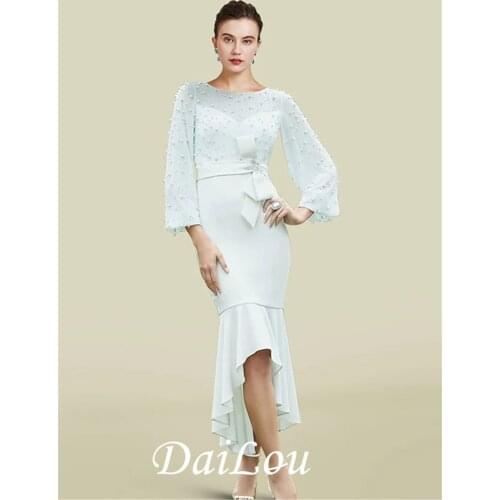 Mermaid / Trumpet Mother of the Bride Dress Luxurious Elegant Jewel Neck Asymmetrical Ankle Length with Bow(s) Pearls 2021