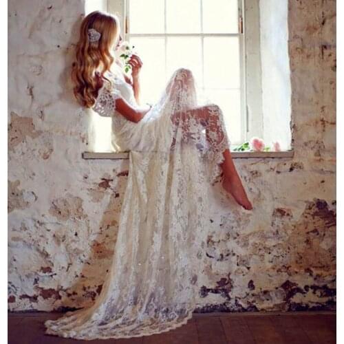 Fast shipping in stock short sleeves beach sweetheart lace small train mermaid wedding dresses bridal gown