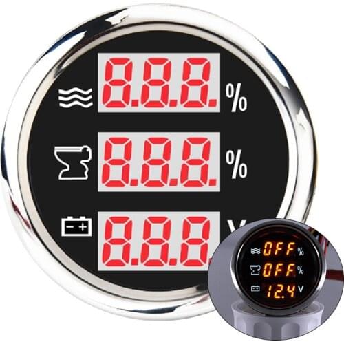 52mm Water Level Waste Holding Tank Indicator Voltmeter 3 in 1 Gauge With Red Backlight For Car Boat Marine Yacht Digital Gauge
