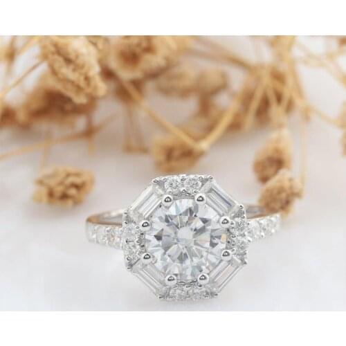 Veryins Solid 14K 585 White Gold Center 1.5ct 7.5mm DEF Color Moissanite Halo Engagement Ring for Women Wedding Gift