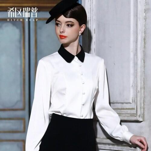 High End Designer Silk Spinning Satin Black Lapel White Shirt Dress Down Shirt