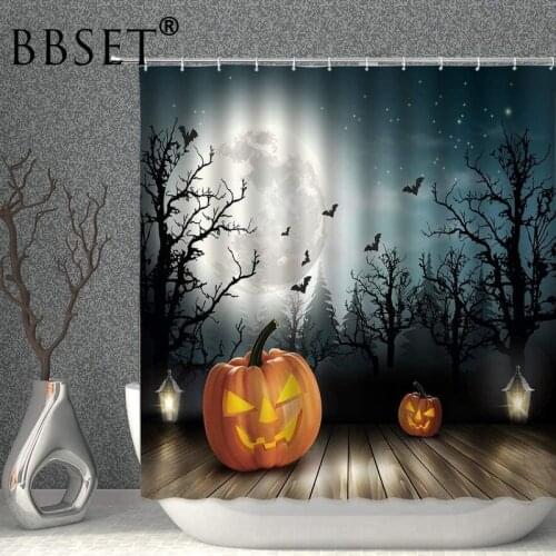 Halloween Shower Curtain Pumpkin Lanterns Dark Forest and Moon Bats Pattern Waterproof Multi-size Cortina De Bano Bathroom Decor