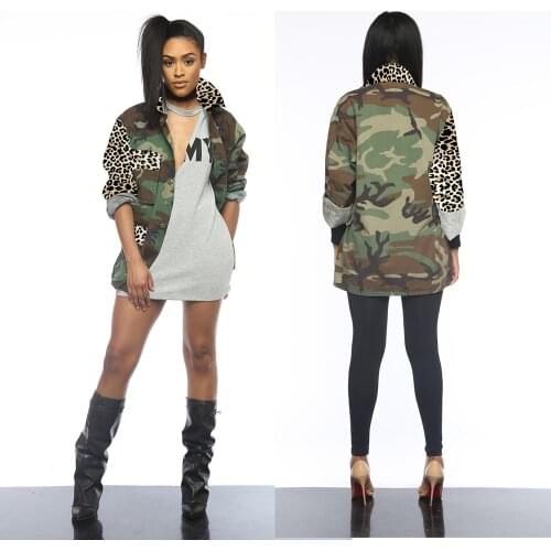 Casual Leopard Camouflage Coat Women Turn-Down Collar Pocket Long Sleeve Streetwear Button Up Army Green Military Outwear Jacket