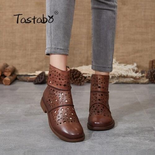 Tastabo Genuine Leather Womens nude boots Casual style Hollow comfortable womens sandals S2609 Brown Caramel Joker shoes