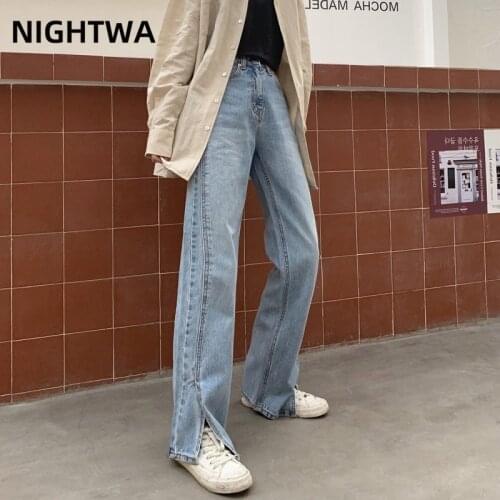 NIGHTWA 2021 New Summer Vintage Long Trousers Cowboy Female Loose Streetwear High Waist Women Jeans Split Wide Leg Jeans