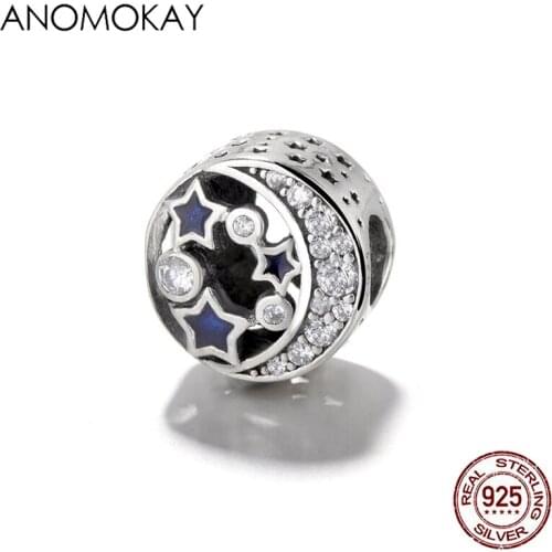 Anomokay 100% Sterling 925 Silver Star Moon Charms fit Bracelet Bangle Royal Blue Enamel Crystal Night Sky Bead Gift