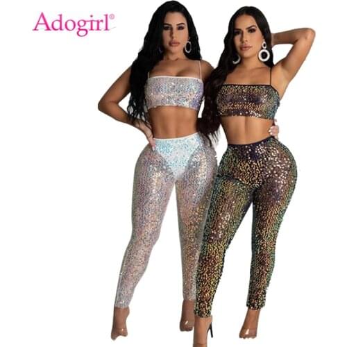 Adogirl Women Sexy Sequins Two Piece Set Spaghetti Straps Tube Crop Top Pencil Pants with Underwear Night Club Party Suits