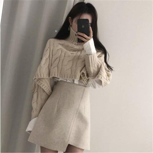 2020 Women 's Turtleneck Sweater Korean Style Chic Twist Short Knitted Pullovers +Irregular High Waist Skirts Autumn Winter Hot