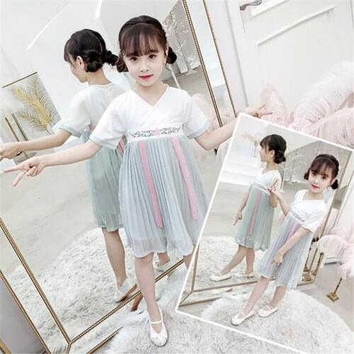 Embroidered princess dress girl summer pleated dress Chinese style Hanfu simple improved cheongsam blue pink robe chinoise