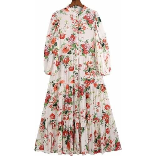 2021 New Women Chic Fashion Floral Print Ruffled Midi Dress Vintage Three Quarter Sleeve Button-up Female Dresses Vestidos
