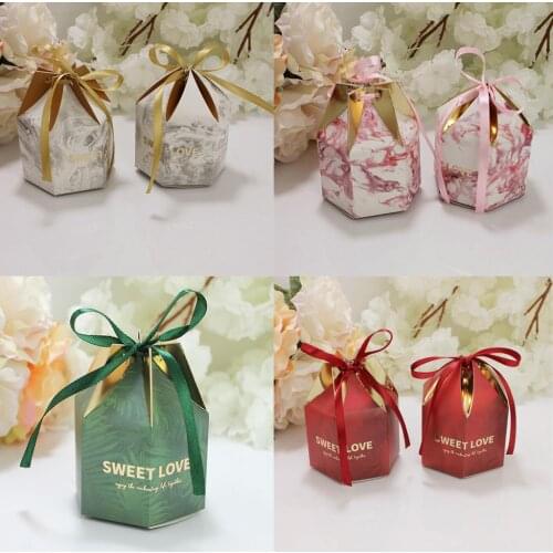 10pcs Mini Golden Bronzing Color Hexagon Wedding Chocolate Box Candy Box Baking Package Birthday Wedding Party Decor With Ribbon