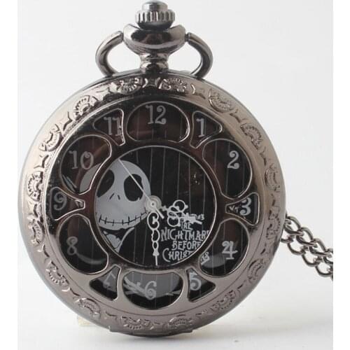 50pcs/lot Classic Retro Black Hollowed Nightmare before Christmas Dial Quartz Pocket Watches Wholesale