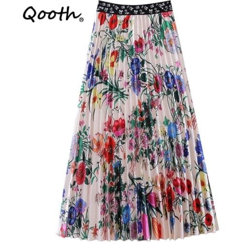 Qooth Satin Printed Floral Large Swing Elastic Waist Skirt Mid-length High-waist Stretch Skirt Pleated Fashion Sweet Skirt QT727