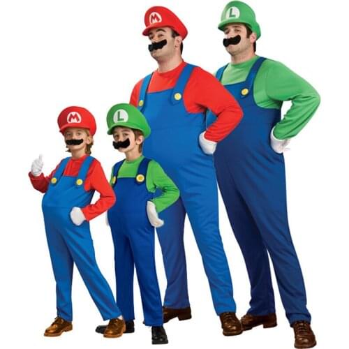 Adult Halloween Super Mario Costumes Cosplay Children family Funy Luigi Bros Plumber Purim Costume Fancy Christmas party Dress