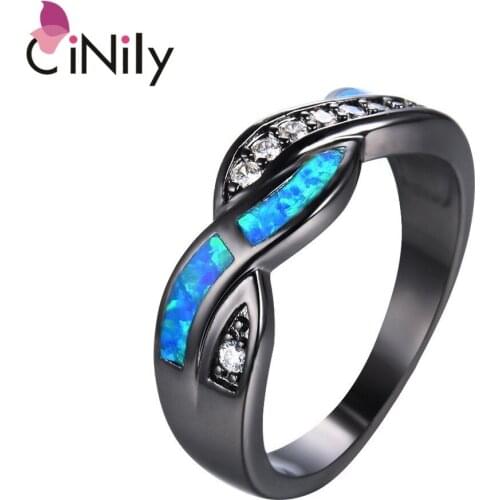 CiNily Wavy Cross Blue& White Created Fire Opal Black Gold Colour Plated Rings for Women & Men Party Gift Fashion Jewelry Ring