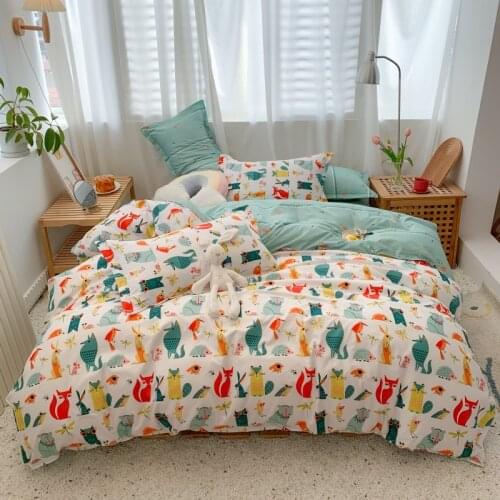 Cartoon Little Fox Pattern Bedding Set,Duvet Cover 175x220 Pillowcase 3Pcs,200x200 Quilt Cover, King Size Blanket Cover
