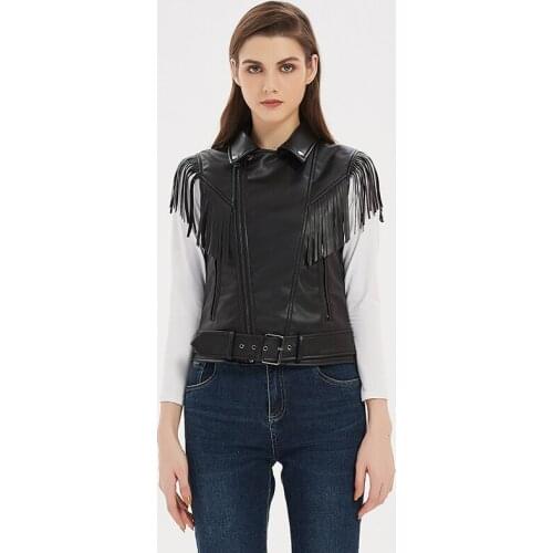 Leather vests women fashion Hot PU leather vest winter belt patterns motorcycle vest slim outerwear Waistcoat Jacket Tassel