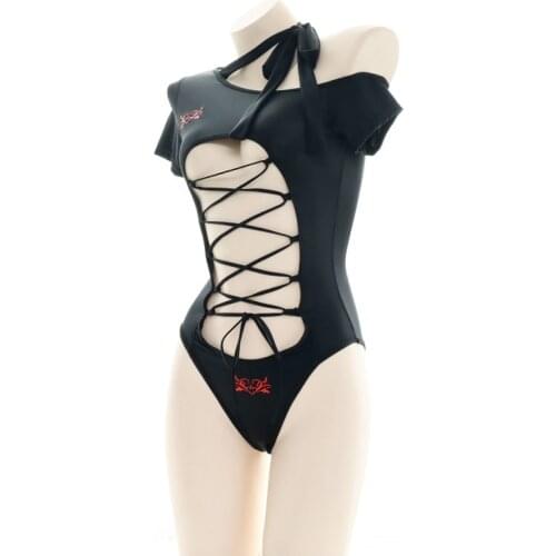 Japanese Lolita Hollow Out Sukumizu Printing Halter Lace Up Swimwear Underwear Sexy Womens Black One-Piece Pajamas Swimsuit