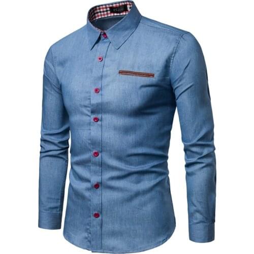 2021 Mens Jeans Shirt Solid Slim Fit Long Sleeve Jeans Shirt Men Top Quality Denim Jeans Men Shirts Lapels Classic Shirt M-3XL