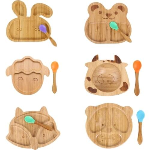 Q1FE Baby Natural Bamboo Bowl Spoon Set Cartoon Animal Divided Dinner Plate Infants Learning Feeding Dish