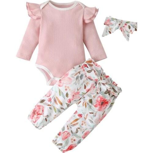 2021 New Infant Toldder Baby Girls Clothes Set Pink Knitted Tops Flower Print Pants Bow Headband Outfits 0-24M