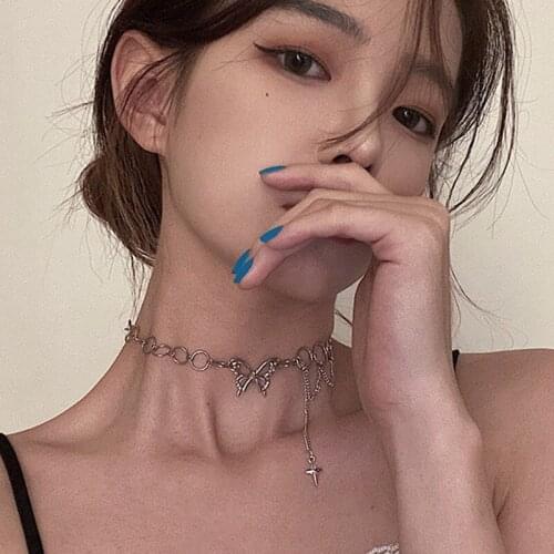 Korean Gothic Tassel Hollow Butterfly Choker Necklace Cool Street Style Necklaces for Men Women Unusual Chains Punk Jewelry