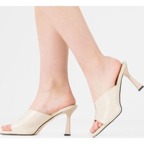 Callizio Womens Genunine Leather Slippers Modern Shoes Square Toe High Heels Summer Best 2021 Sandals Woman Outdoor Slipper