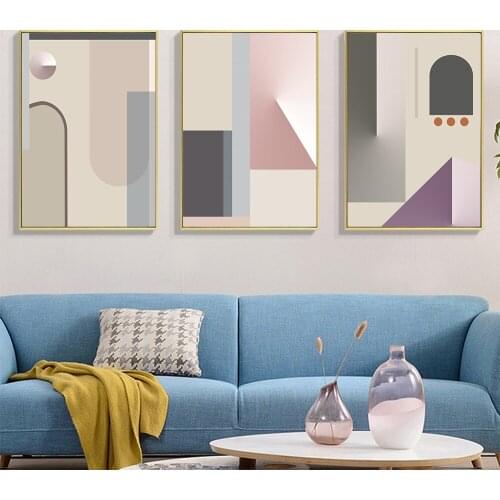 Modern Pink Abstract Geometric Art Pattern Stitching Canvas Print Gray Foil Poster Wall Paintings For Living Room Home Decor